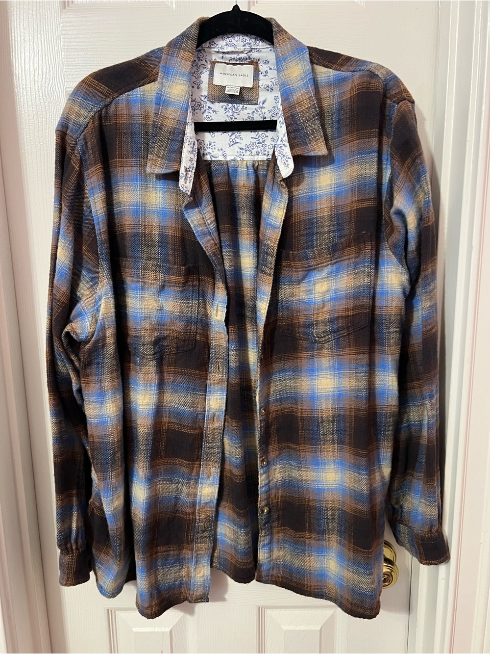Brown and Blue Plaid Flannel Button-Down Shirt